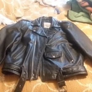 Leather biker jacket, leather chaps,